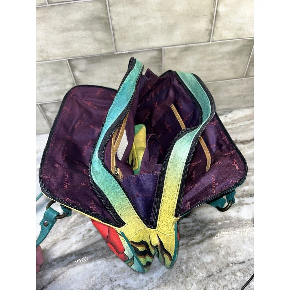 Anuschka Hand Painted Art Leather Tiger Leopard Hibiscus Satchel Purse W/Coin - Picture 16 of 16